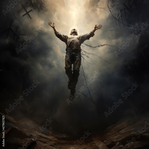 a man rises up to the sky, out of the ground, breaking away from chains and roots, dark dramatic background photo
