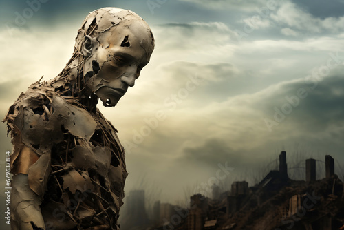 biomechanical disintegrating robot in form of human against the background of post apocalyptic landscape, with destroyed buildings and gloomy environment photo