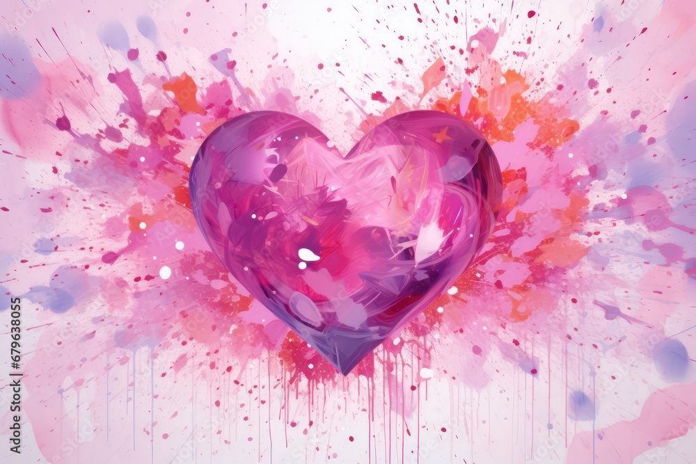 Pink watercolor heart with splashes of paint, valentines day background. Generative AI