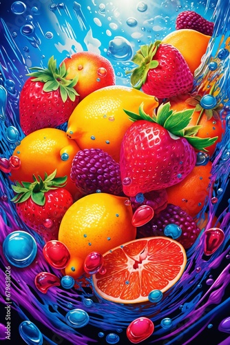fruits mix with water splashes  on color background  fresh and healthy food
