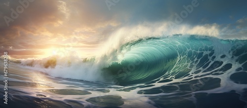 Beautiful view of the huge breaking wave of the sea at sunset. AI generated image © atapdesain