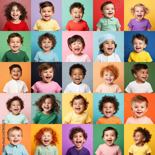 Collection of young laughing children or kids and babies background group of multicultural people square