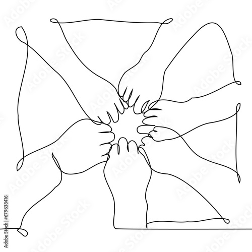 people's hands with clenched fists form a tight circle - one line art vector. concept teamwork, sports attitude, strong friendship