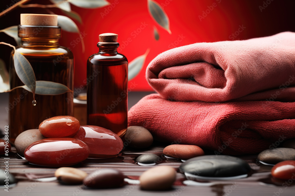 Spa composition with essential oil, zen stones and towels Spa composition with essential oil, zen stones and towels