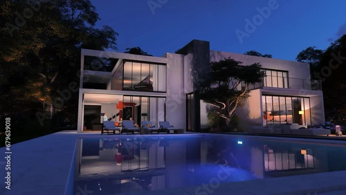 Sleek modern house  with pool and garden in the evening