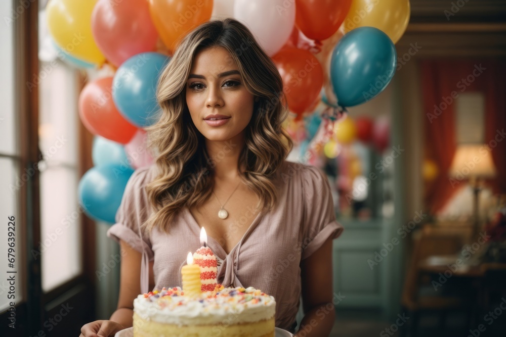 A beautiful woman with a cake celebrates her birthday on a background of colorful balloons.