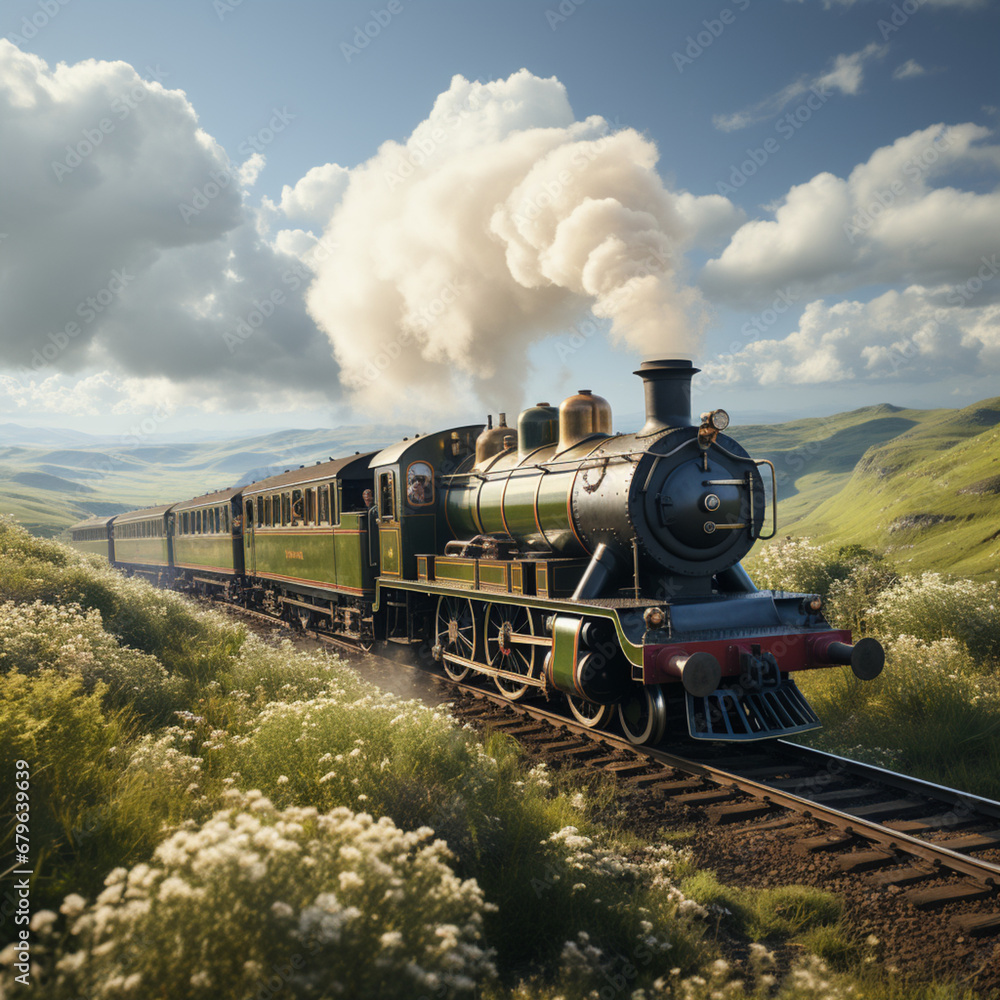 Fototapeta premium train, steam, locomotive, railway, engine, railroad, smoke, old, transport, vintage, rail, transportation, track, travel, station, steam train, retro, coal, ai