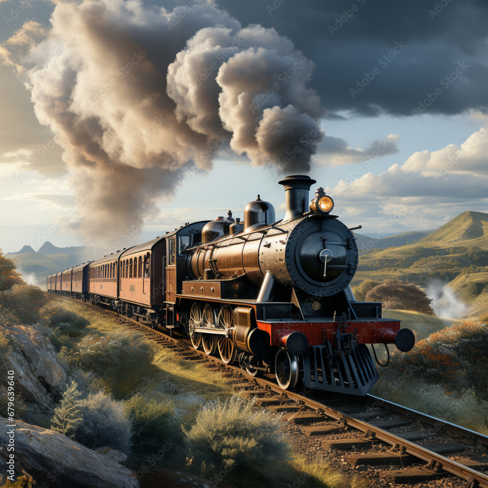 Obraz premium train, steam, locomotive, railway, engine, railroad, smoke, old, transport, vintage, rail, transportation, track, travel, station, steam train, retro, coal, ai