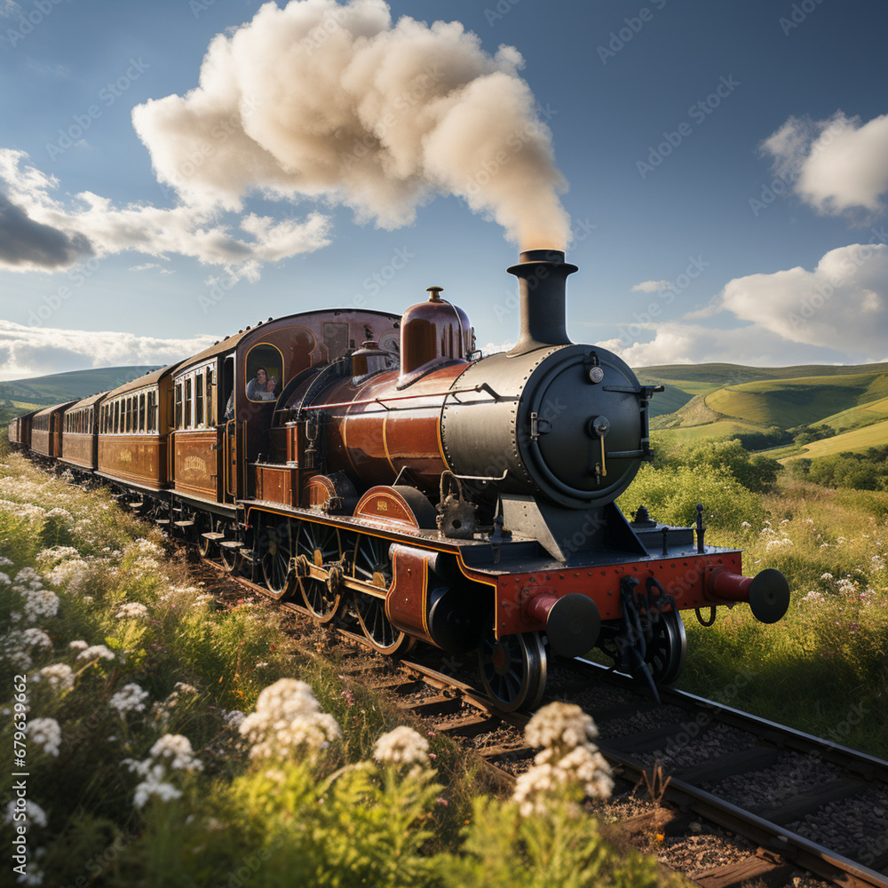 Obraz premium train, steam, locomotive, railway, engine, railroad, smoke, old, transport, vintage, rail, transportation, track, travel, station, steam train, retro, coal, ai