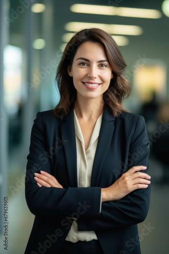 Young woman smiling at camera in modern office.