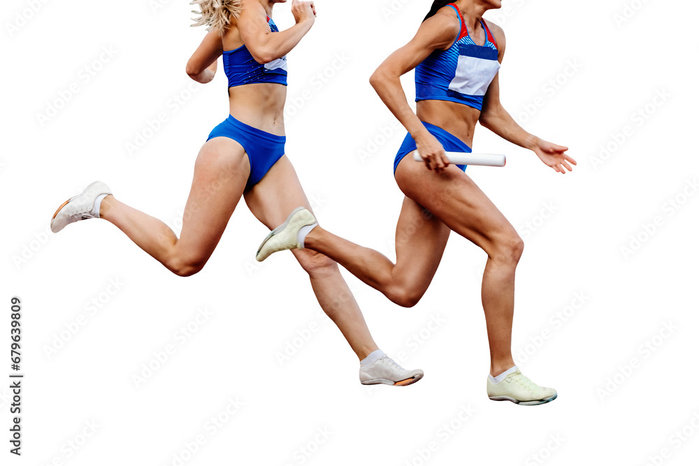 running women track and field team relay race 4 × 100 metres in summer athletics, isolated on transparent background