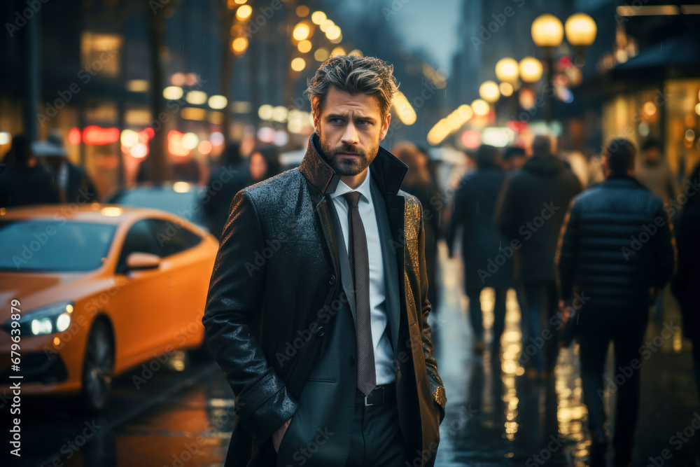 Depression is an invisible destruction of health and well-being, a sad man stands on the street of an evening city Depression is an invisible destruction of health and well-being, a sad man stands on the street of an evening city