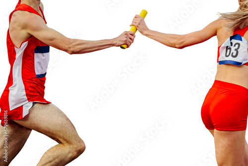 mixed track and field team running relay race 4 × 400 metres in summer athletics, isolated on transparent background photo