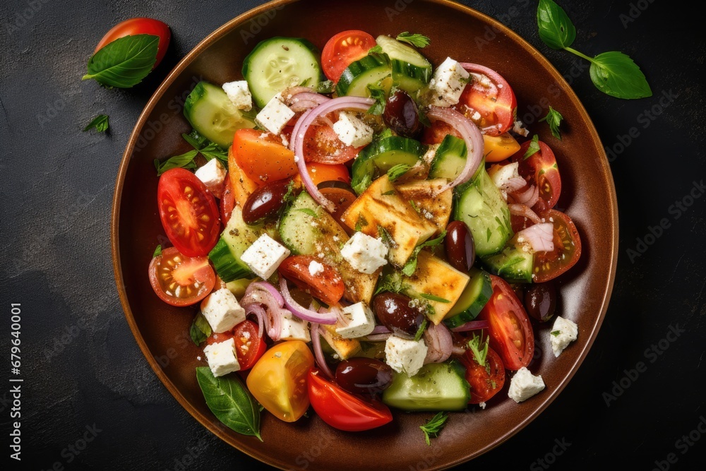 Greek Salad on wooden table top. Overhead view.