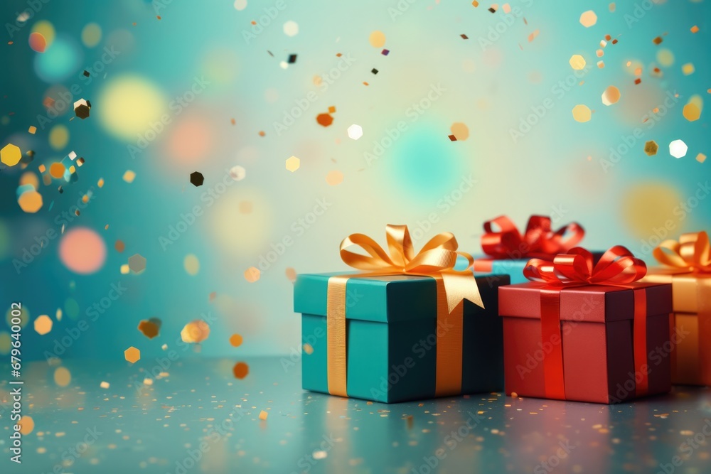 Gift boxes with ribbon on confetti background. Gift boxes with ribbon on confetti background.