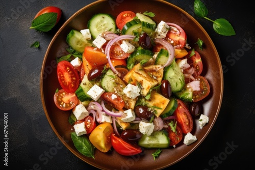 Greek Salad on wooden table top. Overhead view.