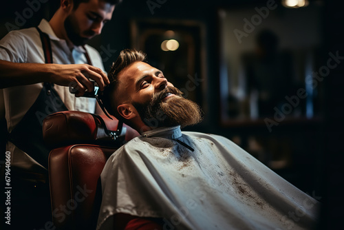 A man sits in a barber's chair and his beard is shaved