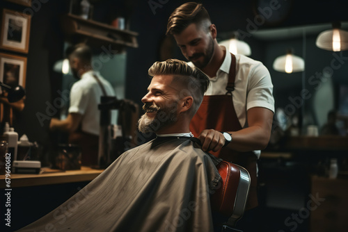 A man sits in a barber's chair and his beard is shaved