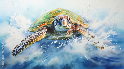 Large watercolor painting of a sea turtle