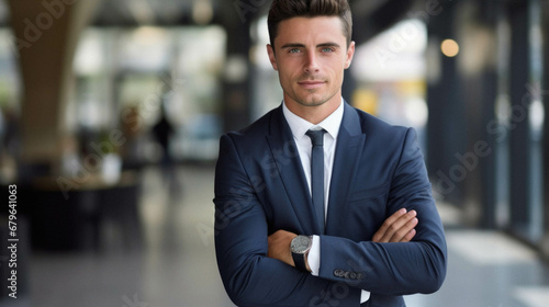 Handsome young businessman with crossed arms outdoors.