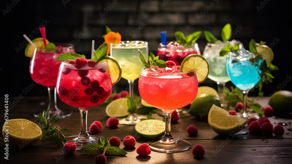Cocktail party with colorful drinks - obrazy, fototapety, plakaty 