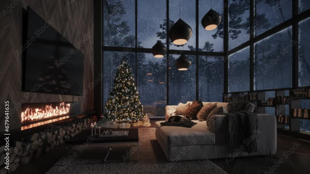Cozy evening by the fireplace and snowing outside the window. Evening by the fireplace and Christmas tree