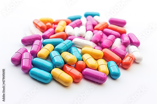 Colorful medical capsules isolated on white background.