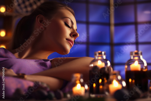 Young woman relaxing and enjoying in spa with candles, massage and aromatherapy