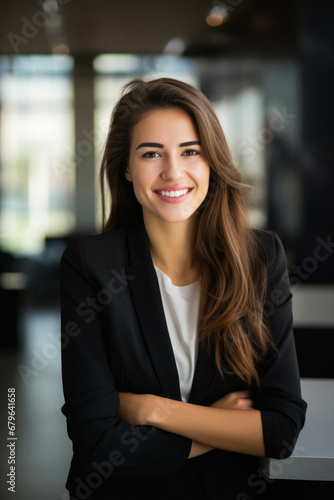 Portrait of young woman standing in modern office.