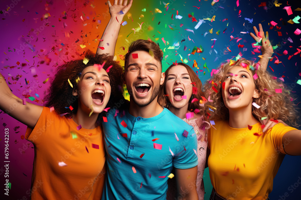 Group of cheerful young attractive people celebrating on multicolored background. Young handsome man surrounded with beautiful attractive girls. Group of cheerful young attractive people celebrating on multicolored background. Young handsome man surrounded with beautiful attractive girls.