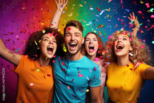 Group of cheerful young attractive people celebrating on multicolored background. Young handsome man surrounded with beautiful attractive girls.