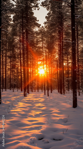 Photograph of a winter solstice, the sun rising through the pine trees, snowy day