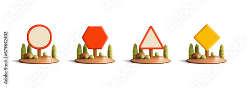 Main forms of 3D traffic rules road signs. Blank signs. Elements of nature, trees, landscape. For the concepts of traffic rules in the city and beyond.