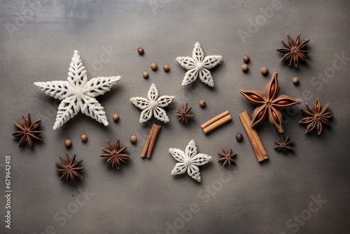 Christmas decorative items ornaments on coloured background.