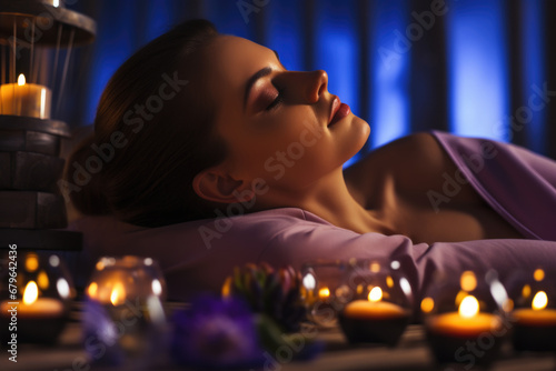 Young woman relaxing and enjoying in spa with candles, massage and aromatherapy photo