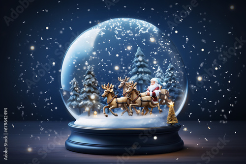Realistic circled snow globe of a flying Santa's sleigh with falling snowflakes