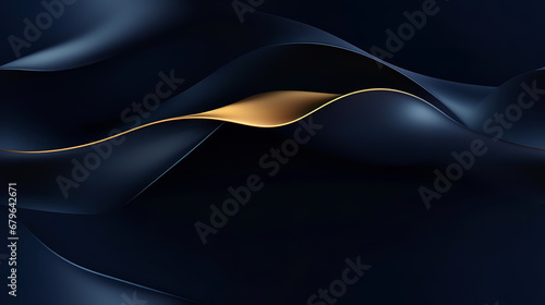 Thin wavy shiny golden ribbon on dark blue background, ultra realistic