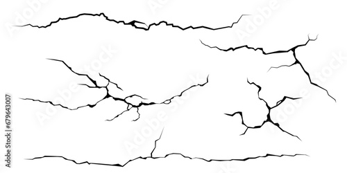 Surface cracks and fissures in ground, concrete, crevices from disaster top view. Breaks on land surface from earthquake isolated on white background. Broken ground, wall, glass pattern effect. Damage