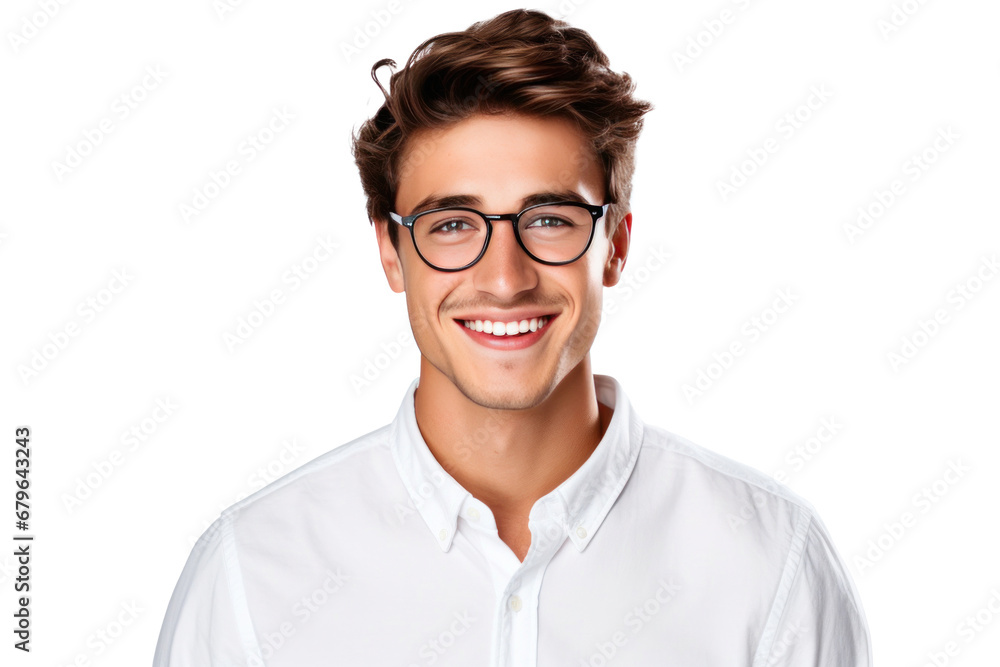 A happy handsome, young brunette man wearing eyeglasses and shirt isolated on transparent background.