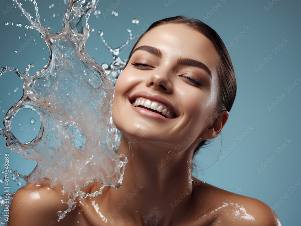 Beautiful Woman with splashes of water in her hands. Beautiful Smiling model girl under splash of water with fresh skin over blue background. Skin care Cleansing and moisturizing concept. Beauty face Beautiful Woman with splashes of water in her hands. Beautiful Smiling model girl under splash of water with fresh skin over blue background. Skin care Cleansing and moisturizing concept. Beauty face