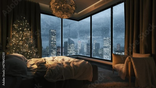 Cozy bedroom with snow outside the window. View from bedroom to the night city. Cozy bedroom with beautiful city view. Snowstorm at the night cityscape. 3d animation photo