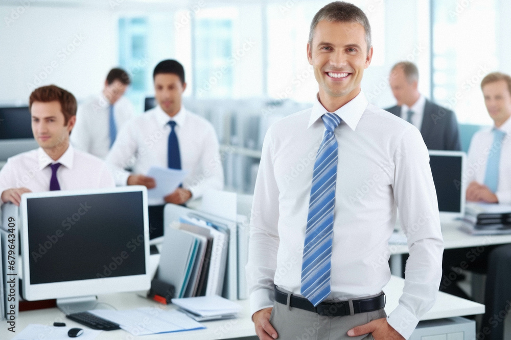 Smiling business team standing in office. Smiling business team standing in office.