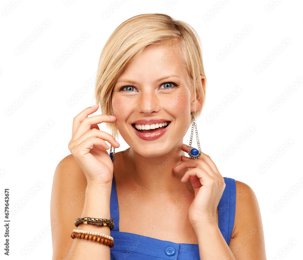 Portrait, beauty or happy woman isolated on a white background in studio with confidence. Blond hair, elegant lady or classy female model with smile, beads or fashion style on a backdrop with glow Portrait, beauty or happy woman isolated on a white background in studio with confidence. Blond hair, elegant lady or classy female model with smile, beads or fashion style on a backdrop with glow