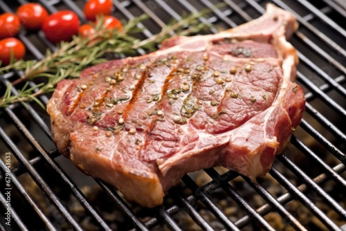 t-bone steak on a clean stainless steel grill, focus on grill marks