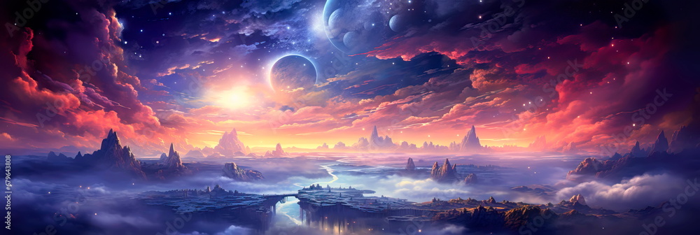 celestial scene with stars, planets, and cosmic clouds, symbolizing the vastness and wonder of the universe.