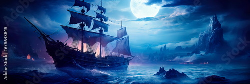 story of a spectral pirate ship sailing through an ethereal sea of mist and moonlight.