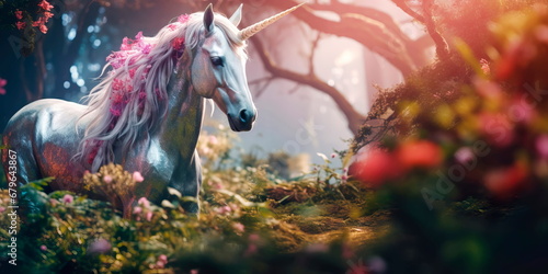 forest scene filled with mythical creatures like unicorns