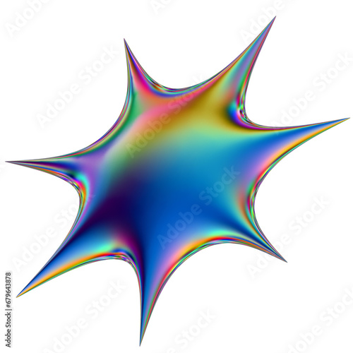 Iridescent geometric 3D shape isolated on a transparent background. Trendy abstract holographic design element.