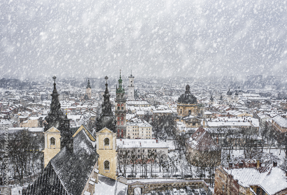 Obraz premium Panoramic view on Lviv in winter from drone