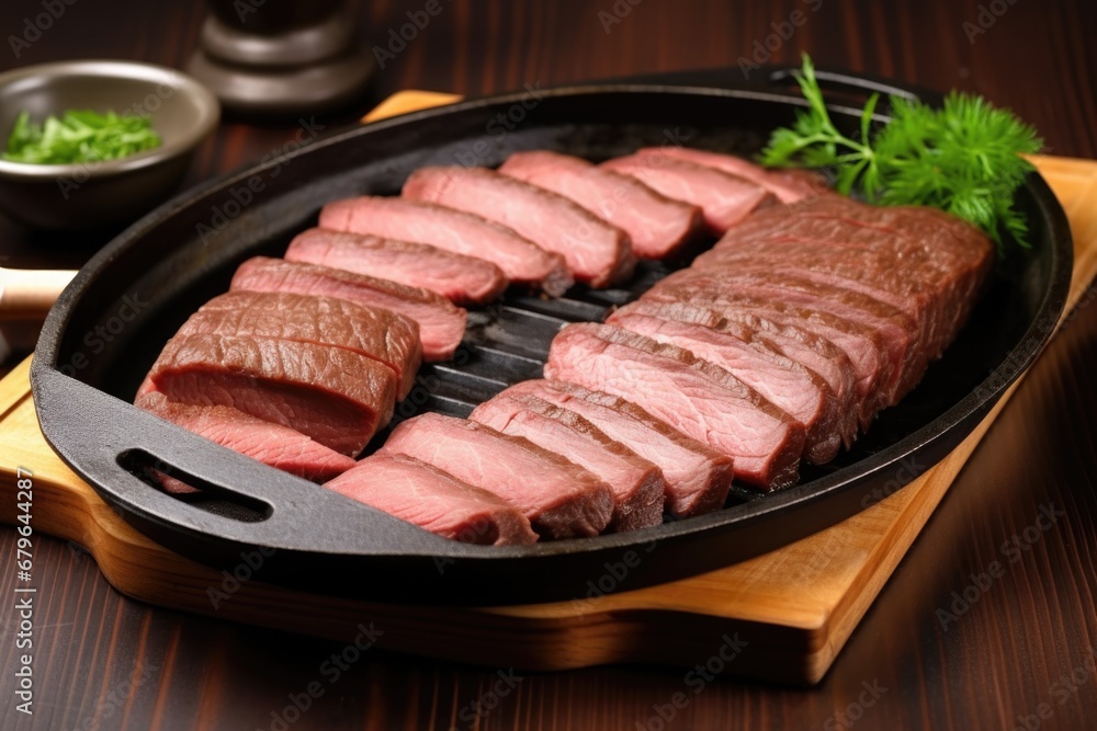 arrangement of beef brisket slices on a cast iron griddle arrangement of beef brisket slices on a cast iron griddle